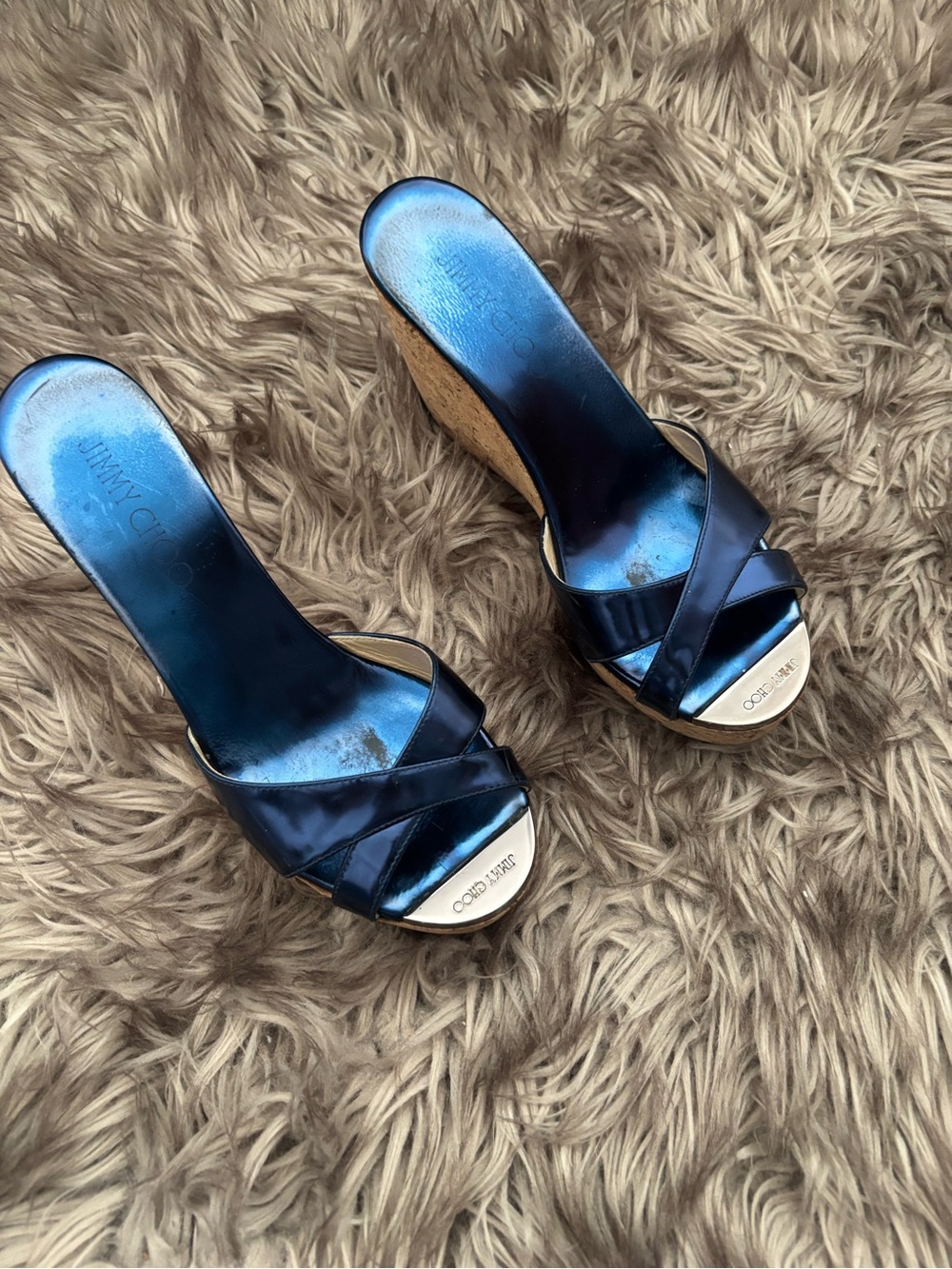 Jimmy Choo Prima Metallic Blue Patent Leather Cork Wedge Sandals EU 37